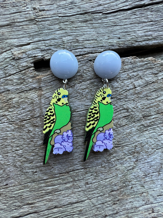Green Budgie Bird Stud Earrings