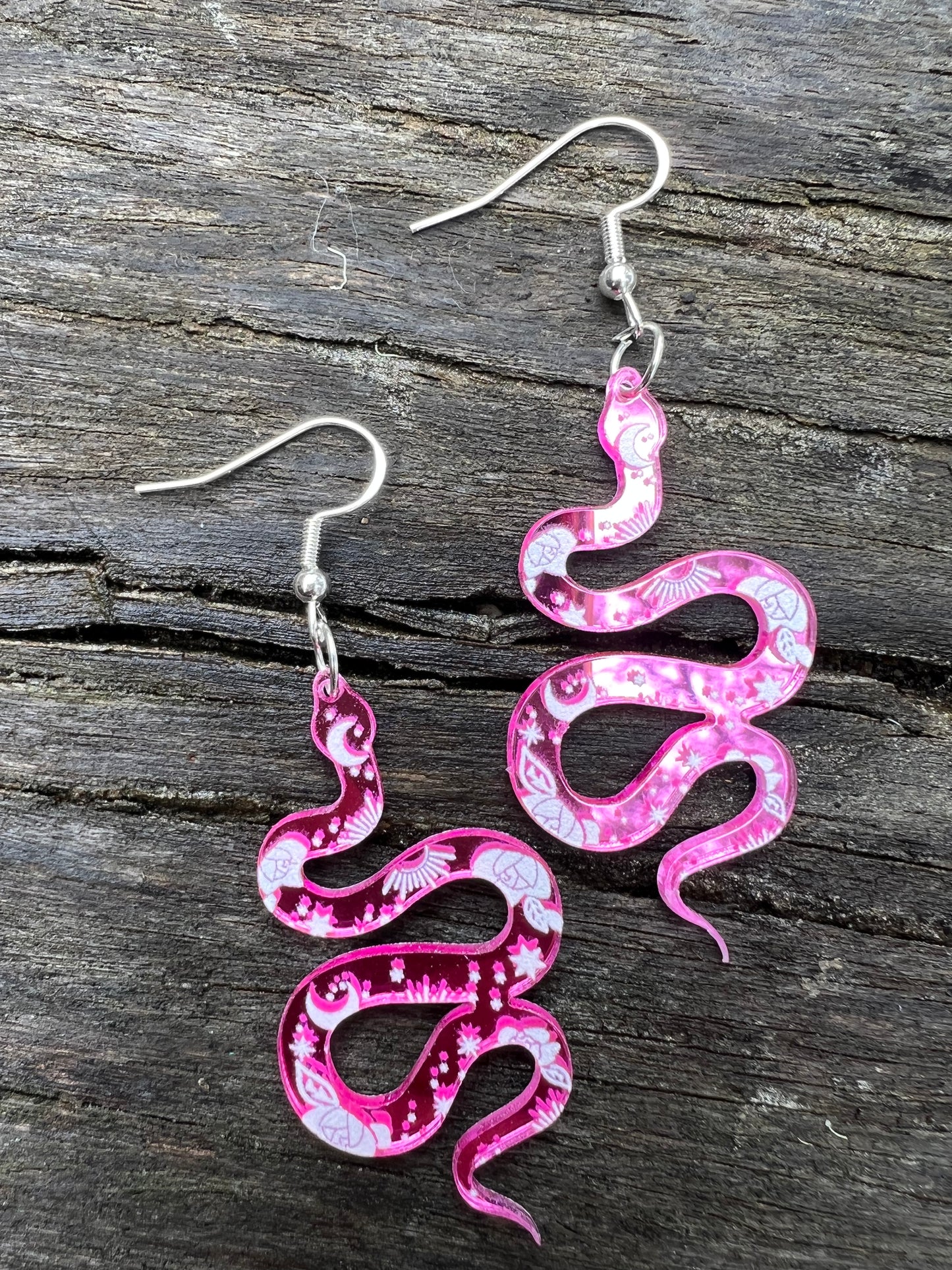 Pink Mirror Moon Snake Earrings