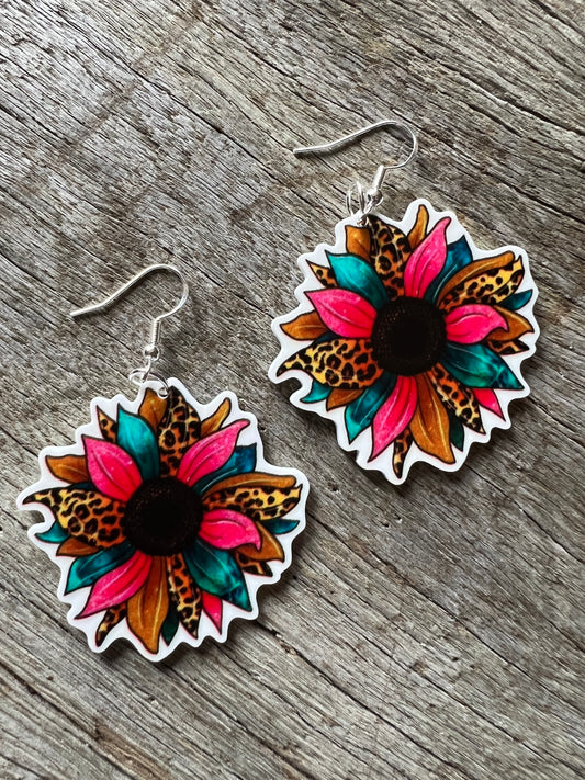 Bright Leopard Sunflower Earrings