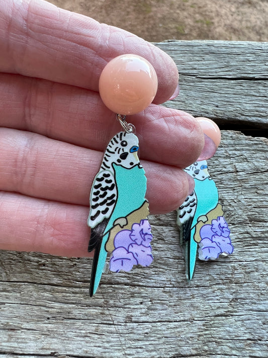 Blue Budgie Bird Stud Earrings