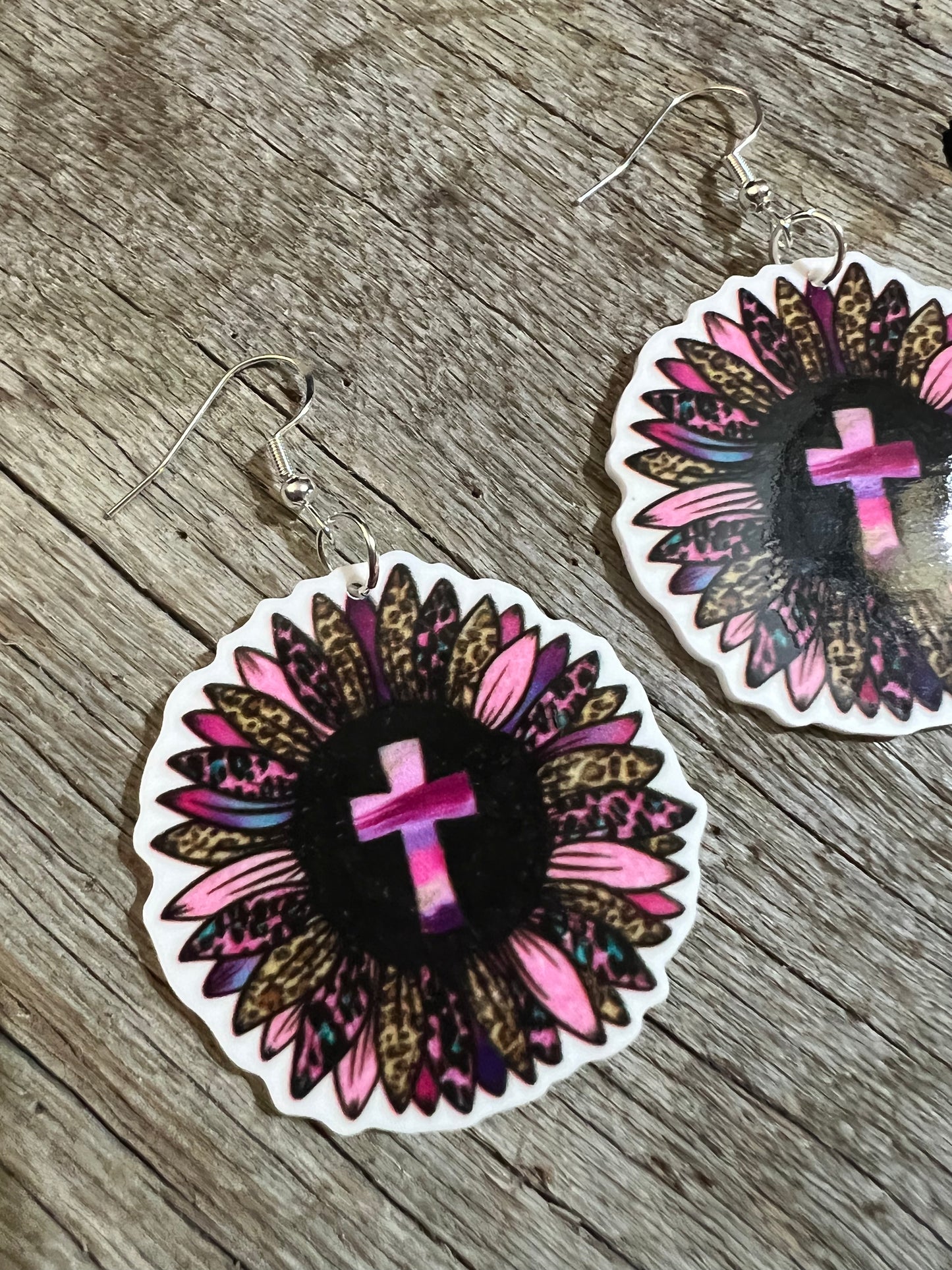 Pink Cross Leopard Sunflower Earrings