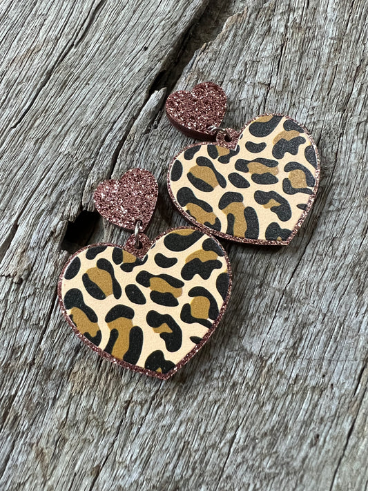 Leopard Glitter Hearts Earrings