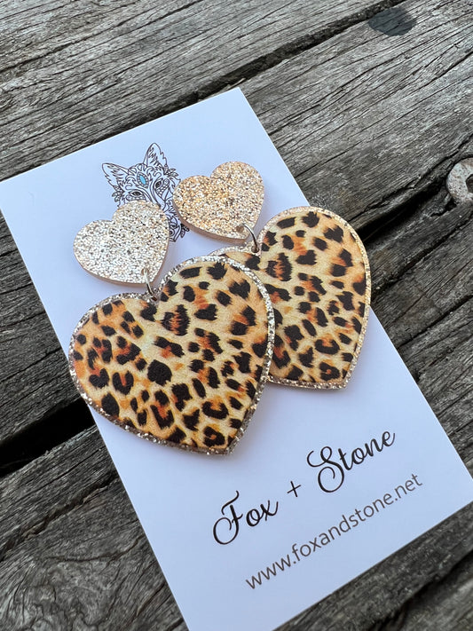 Gold Shimmer Leopard Glitter Hearts Earrings