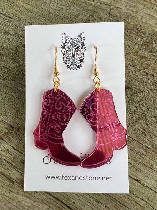 Pink Mirror Cowboy Boot Earrings