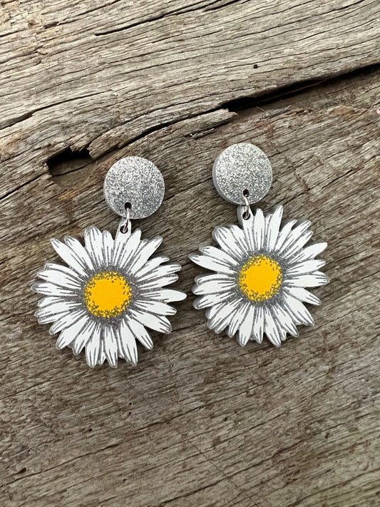 Silver Glitter Flower Earrings