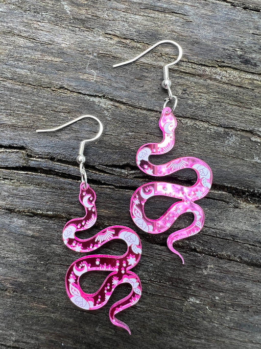 Pink Mirror Moon Snake Earrings