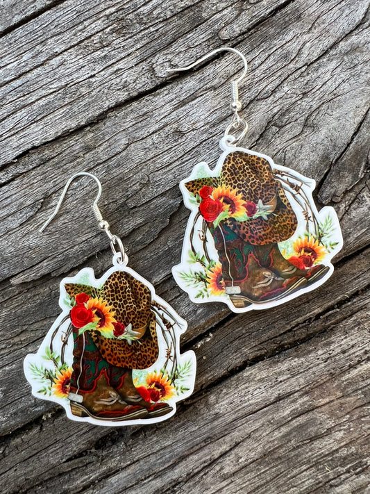 Cowgirl Leopard Hat Boots Earrings