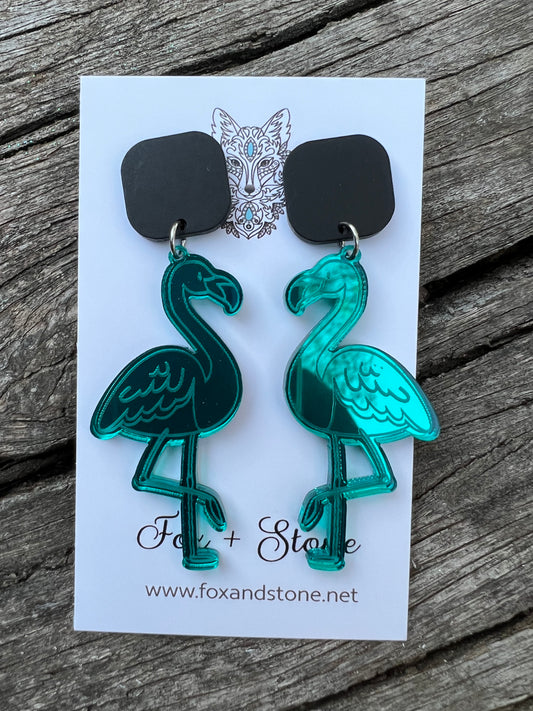 Mirror Teal Acrylic Flamingo Earrings