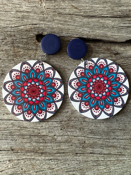 Big Bold Blue Print Wood Earrings