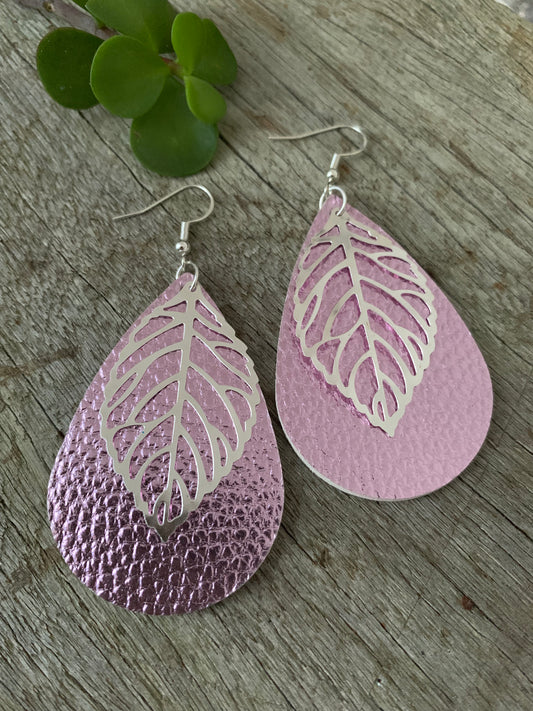 Pink Silver Leaf Vegan Earrings
